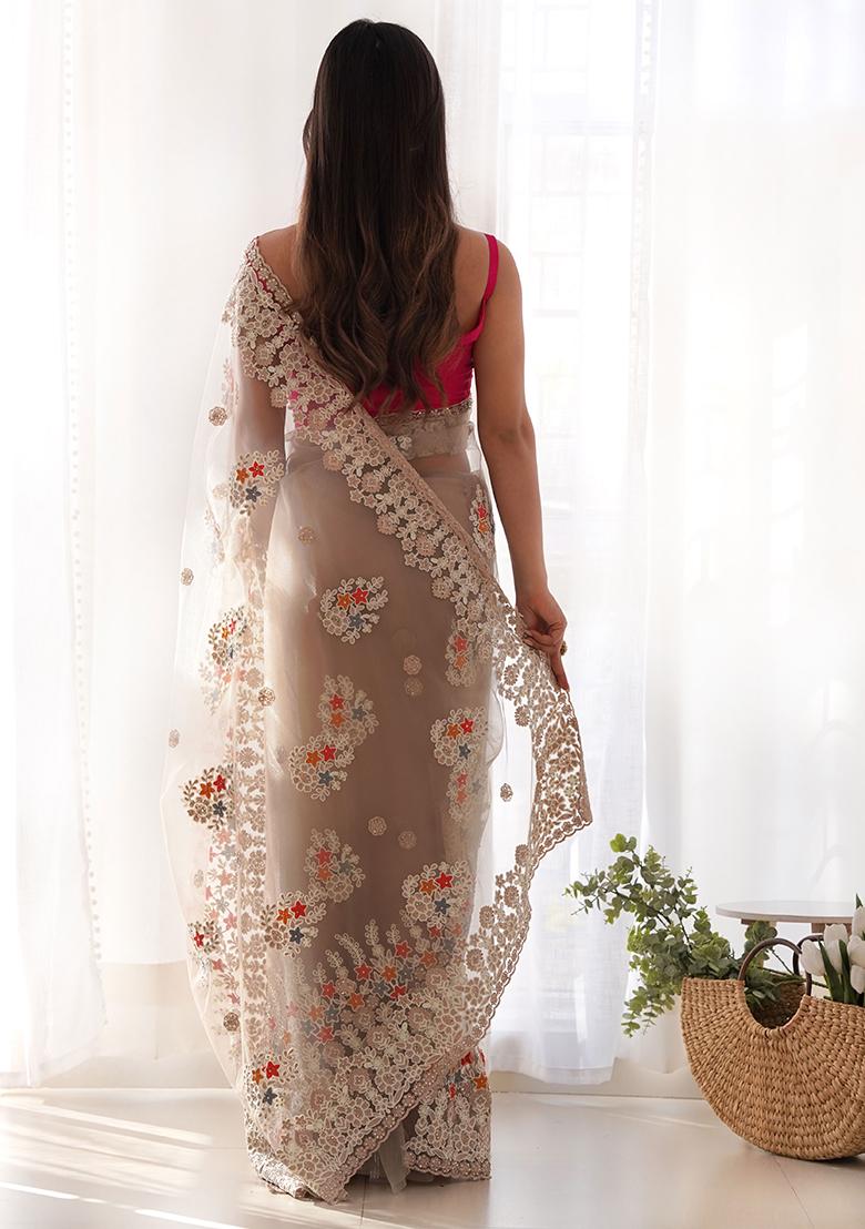 Light Brown Embroidererd Net Saree Set