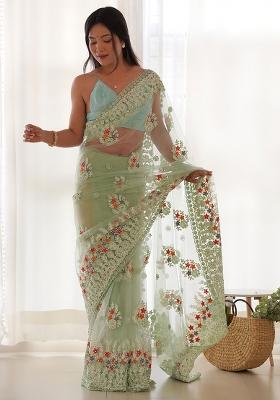 Light Sea Green Embroidererd Net Saree Set