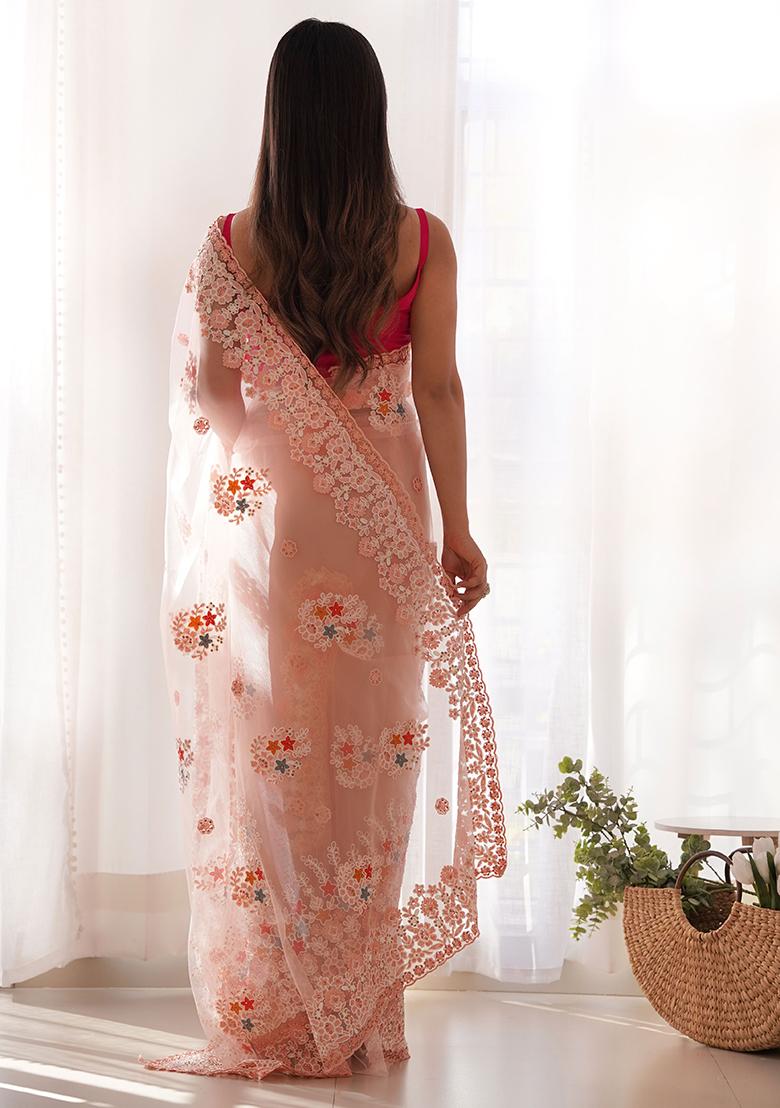 Light Peach Embroidererd Net Saree Set