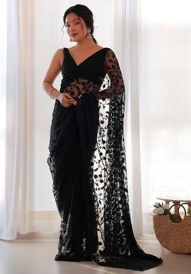 Black Embroidererd Net Saree Set
