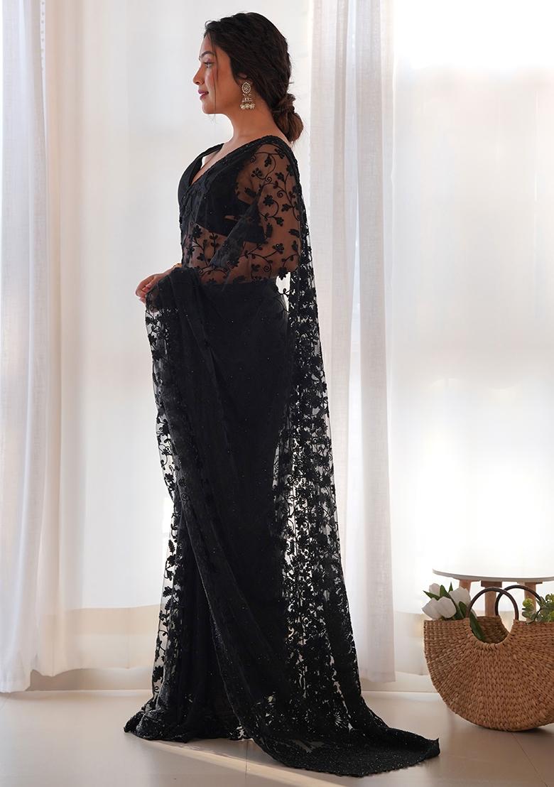 Black Embroidererd Net Saree Set
