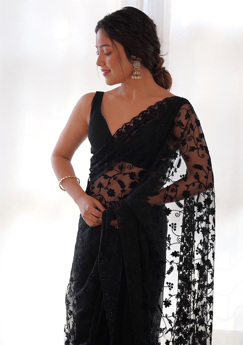 Black Embroidererd Net Saree Set