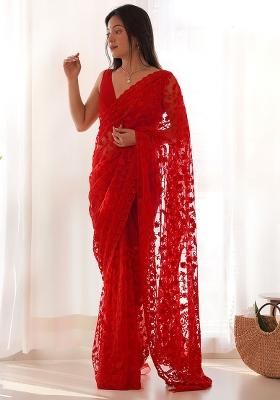 Red Embroidererd Net Saree Set