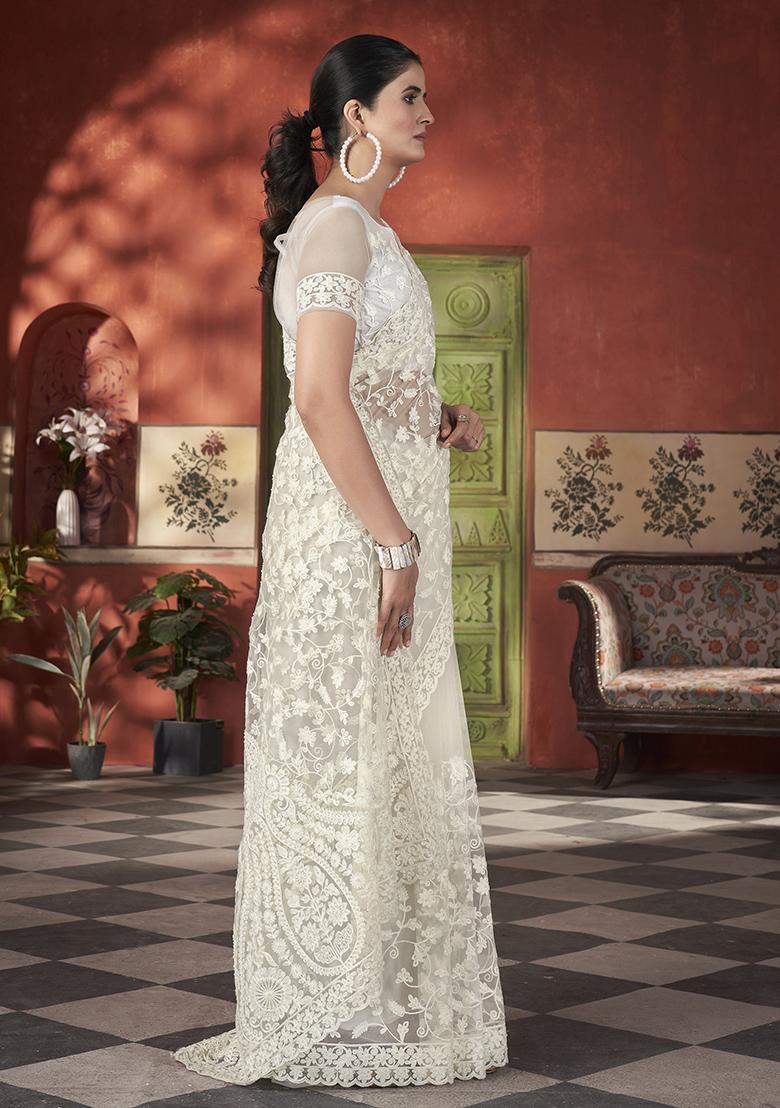 Off White Embroidererd Net Saree Set
