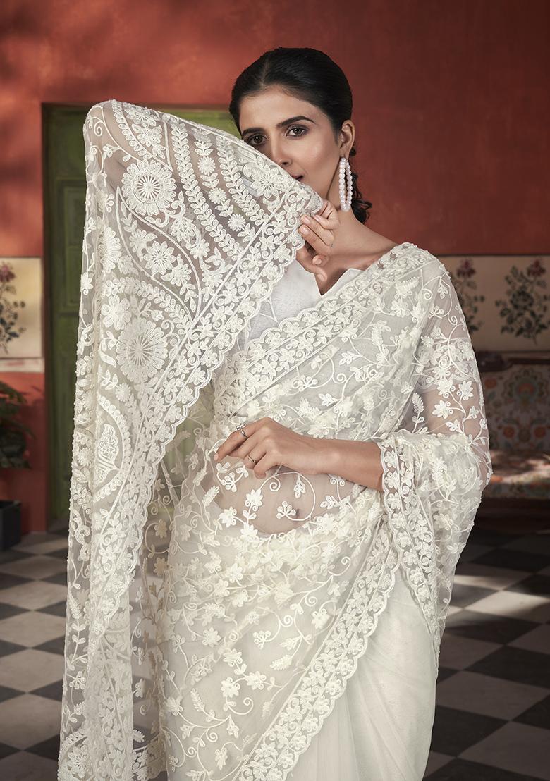 Off White Embroidererd Net Saree Set