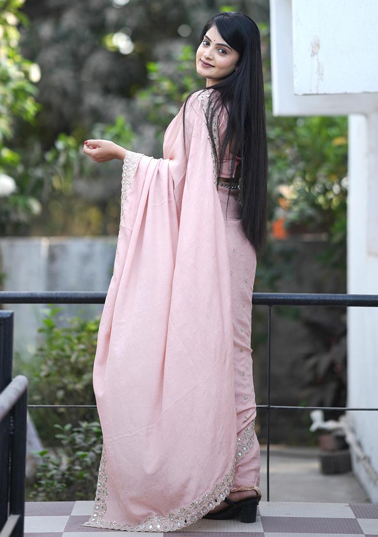 Light Pink Embroidererd Silk Saree Set