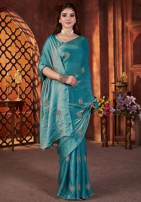 Teal Blue Embroidererd Silk Saree Set