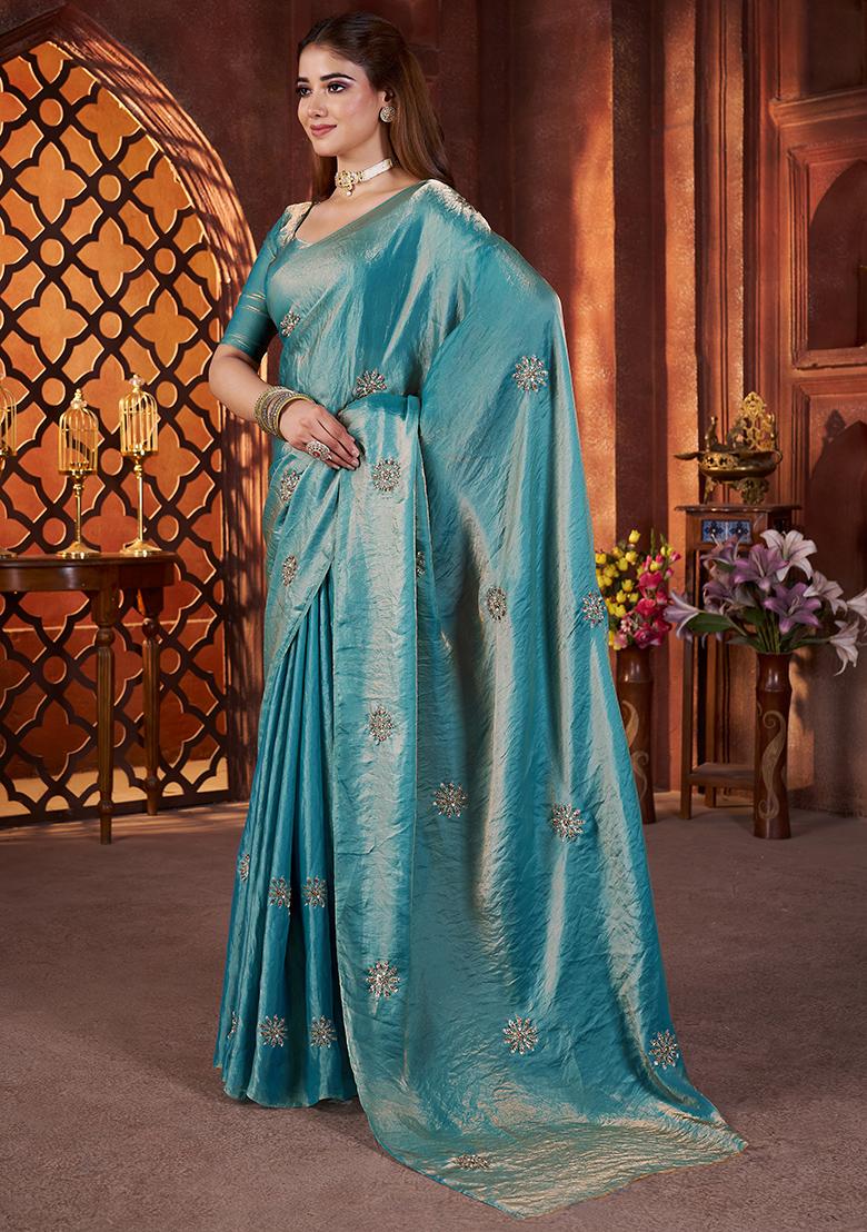 Teal Blue Embroidererd Silk Saree Set