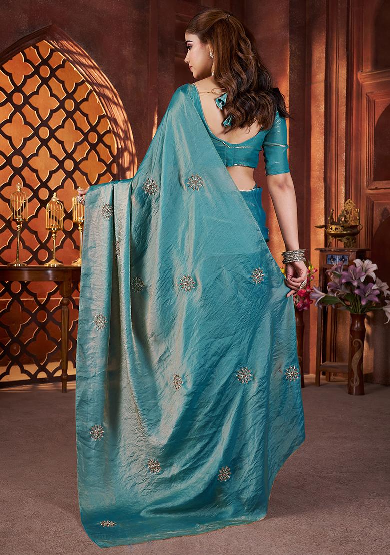 Teal Blue Embroidererd Silk Saree Set