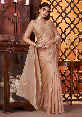 Beige Embroidererd Silk Saree Set