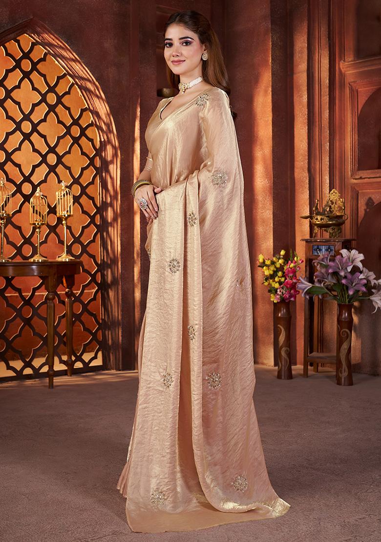 Beige Embroidererd Silk Saree Set