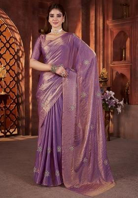 Purple Embroidererd Silk Saree Set