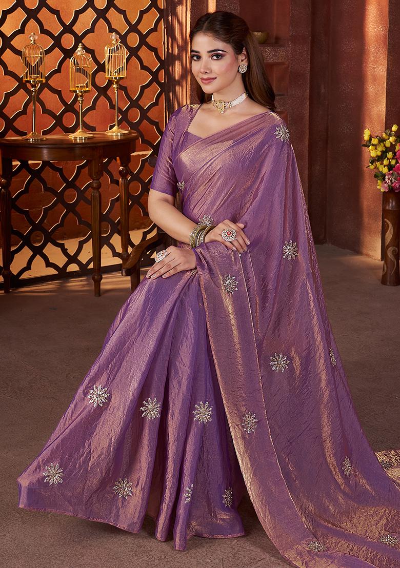 Purple Embroidererd Silk Saree Set