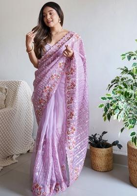 Lavender Embroidererd Silk Saree Set