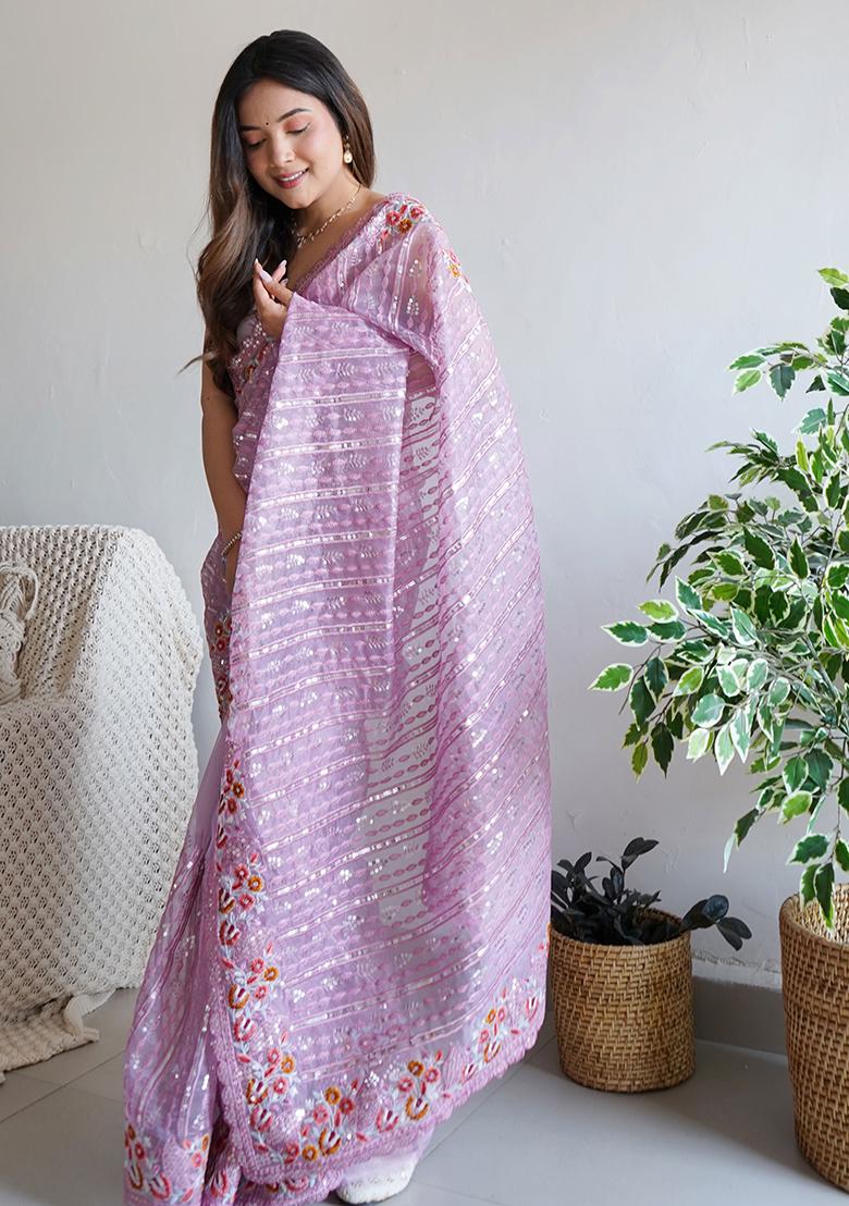 Lavender Embroidererd Silk Saree Set