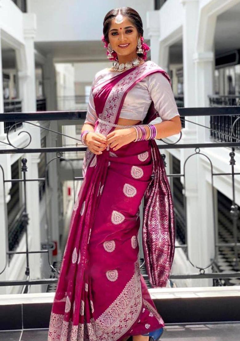 Wine Jacquard Work Soft Lichi Silk Saree Set