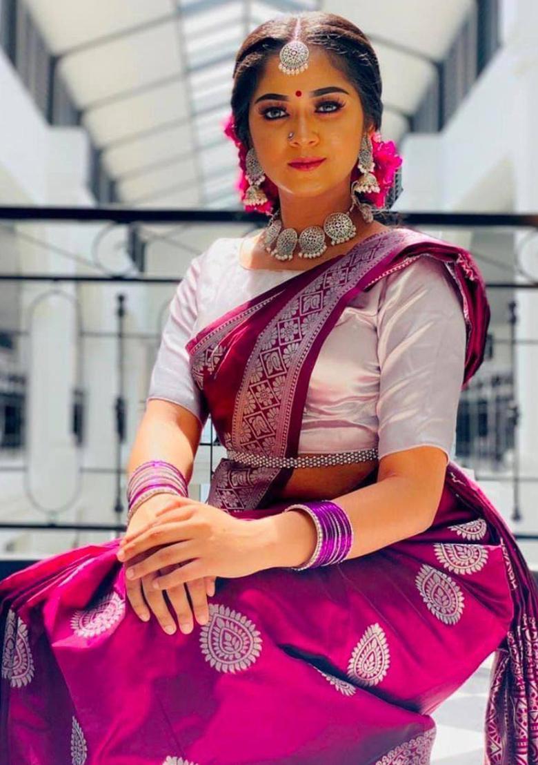 Wine Jacquard Work Soft Lichi Silk Saree Set