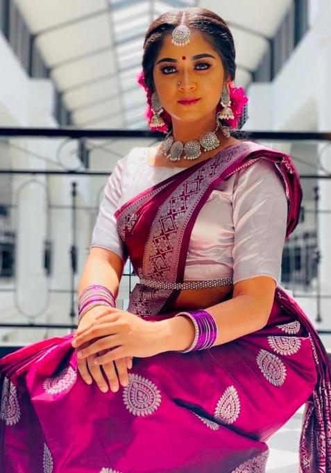 Wine Jacquard Work Soft Lichi Silk Saree Set