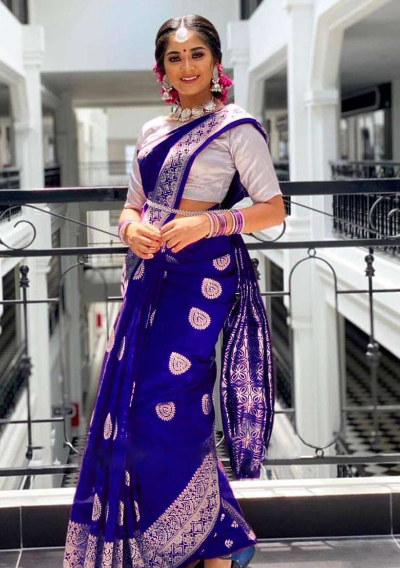 Blue Jacquard Work Soft Lichi Silk Saree Set for Diwali and Festive Wear - Indya