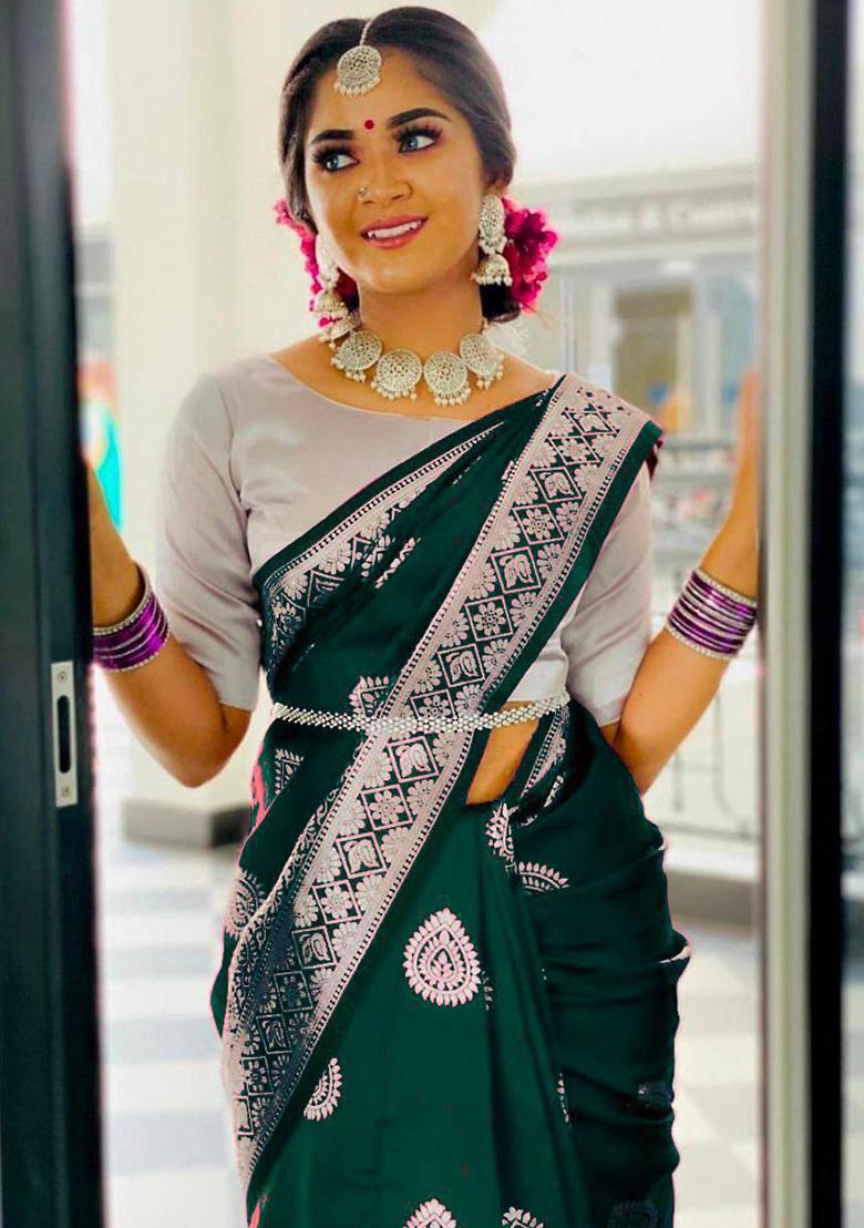 Green Jacquard Work Soft Lichi Silk Saree Set