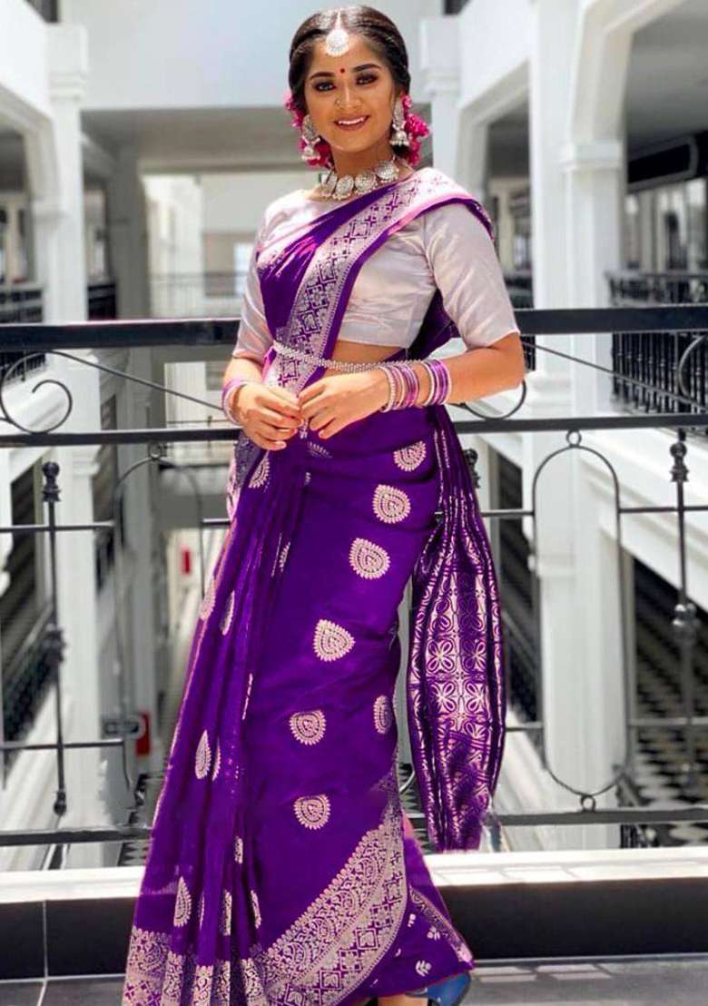 Purple Work Soft Lichi Silk Jacquard Saree Set for Diwali | Wedding & Festive Wear - Indya