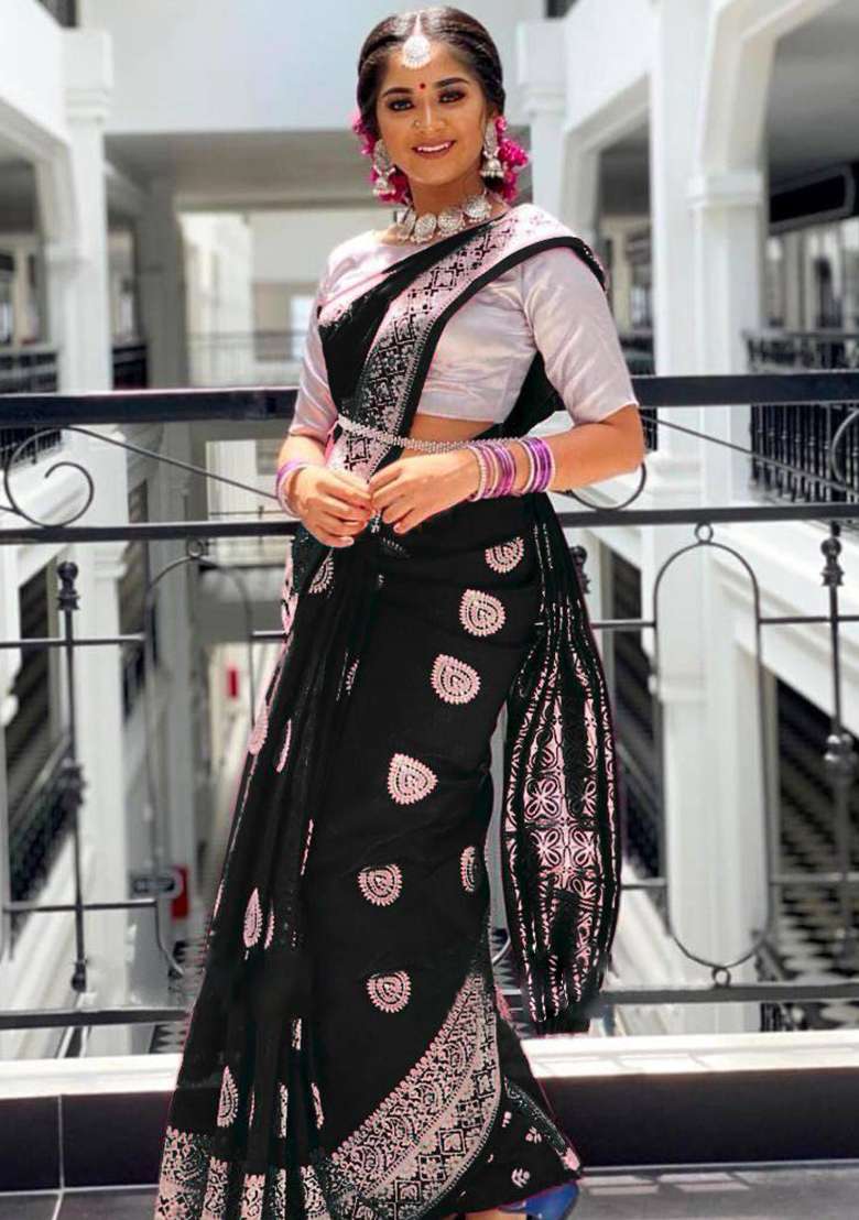 Black Work Soft Lichi Silk Jacquard Saree Set for Diwali | Wedding & Festive Wear - Indya