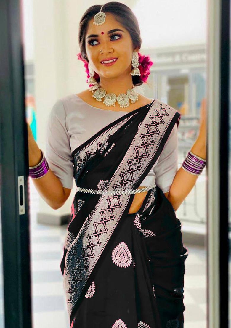 Black Jacquard Work Soft Lichi Silk Saree Set