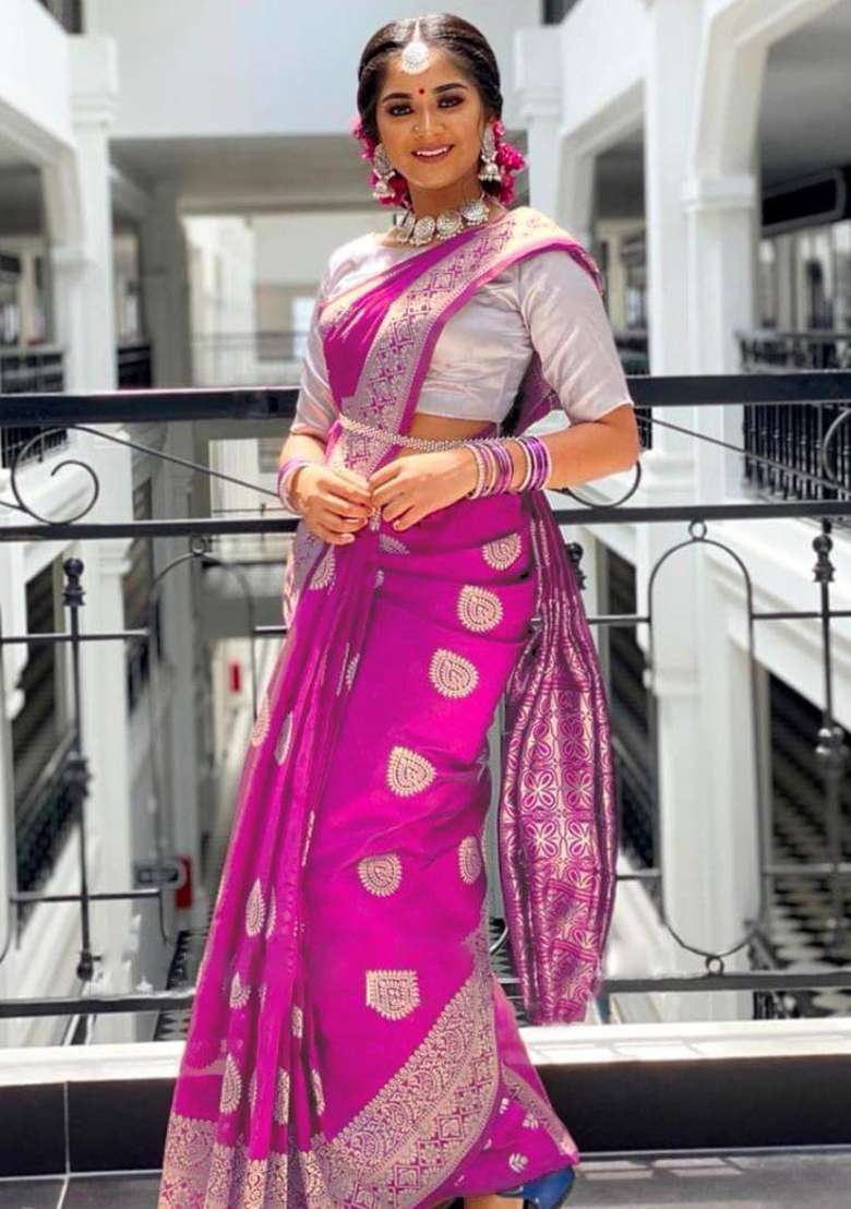 Pink Jacquard Work Soft Lichi Silk Saree Set for Diwali and Festive Wear - Indya