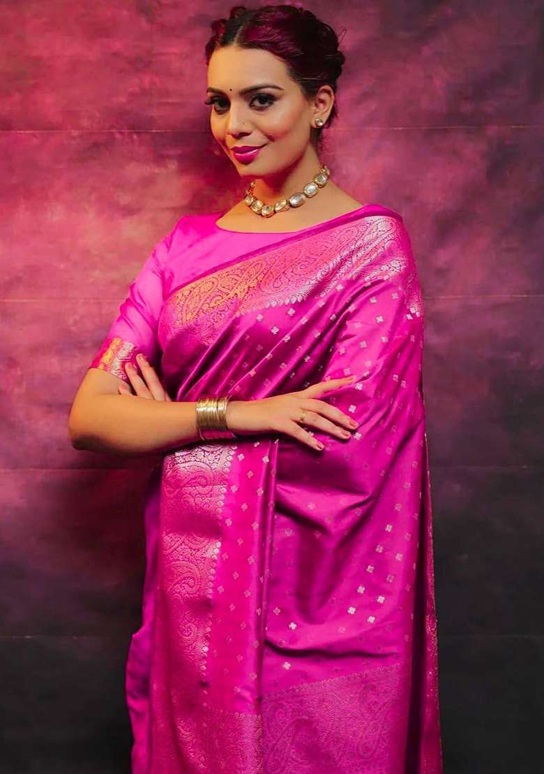 Pink Work Soft Lichi Silk Jacquard Saree Set for Diwali | Wedding & Festive Wear - Indya