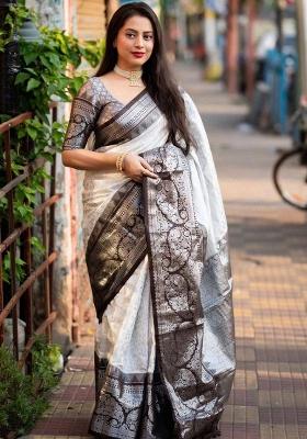 White Jacquard Work Soft Lichi Silk Saree Set