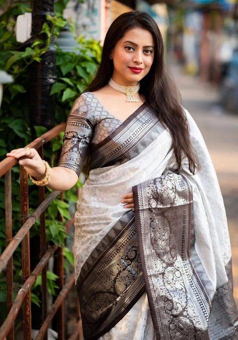 White Jacquard Work Soft Lichi Silk Saree Set