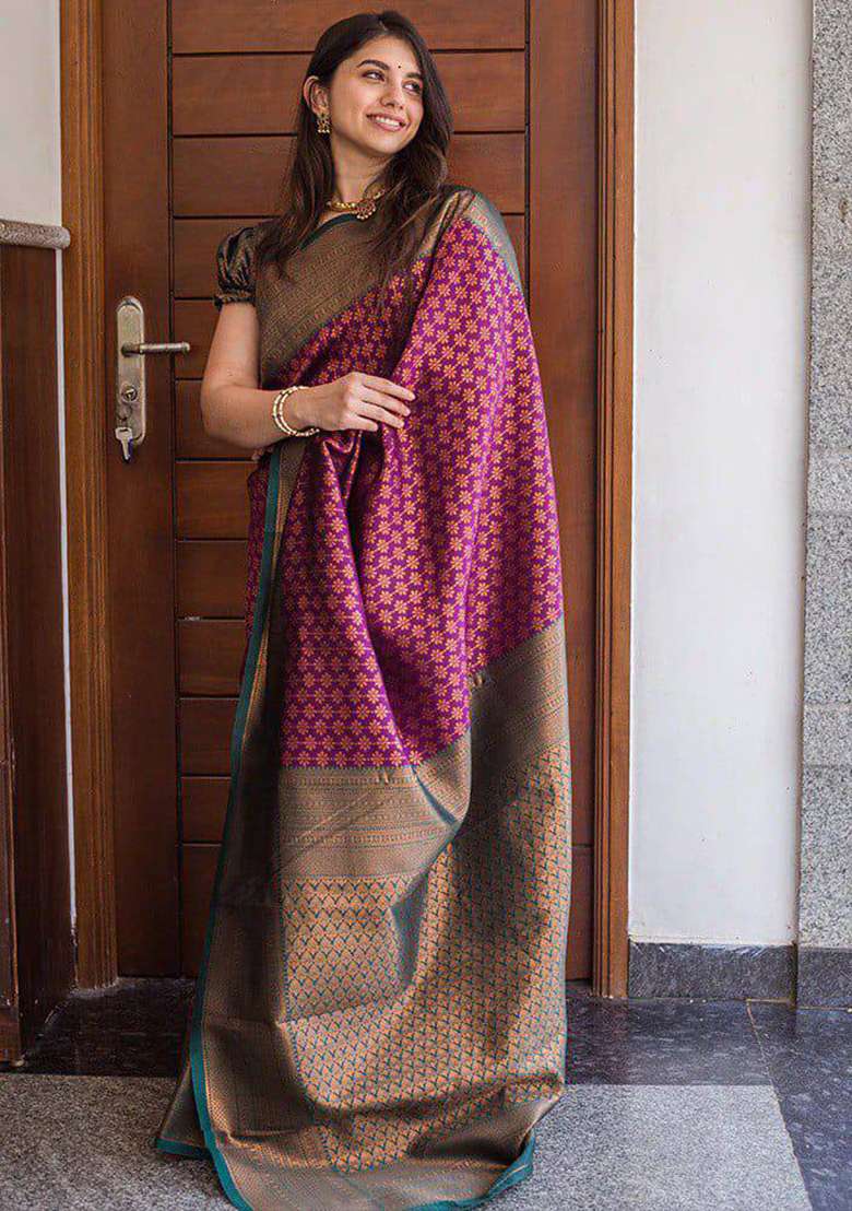 Purple Work Soft Lichi Silk Jacquard Saree Set for Diwali | Wedding & Festive Wear - Indya