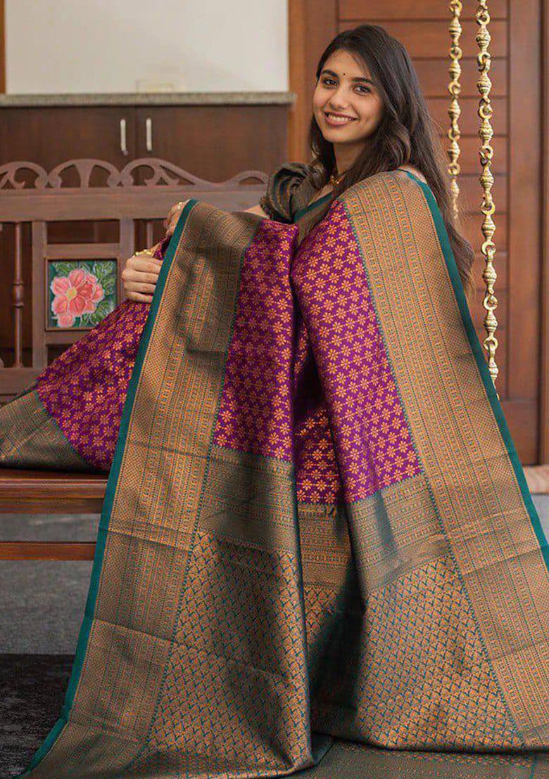 Purple Jacquard Work Soft Lichi Silk Saree Set