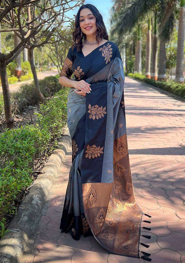 Grey Jacquard Work Soft Lichi Silk Saree Set for Diwali and Festive Wear - Indya