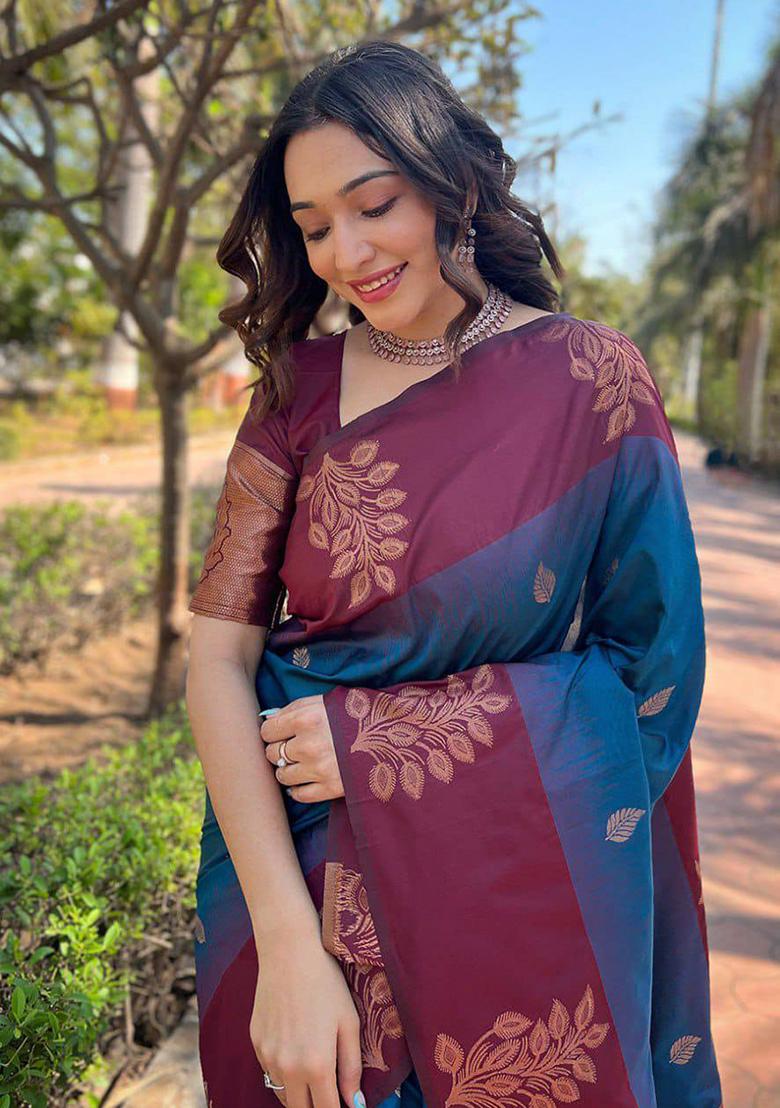 Petrol Blue Jacquard Work Soft Lichi Silk Saree Set