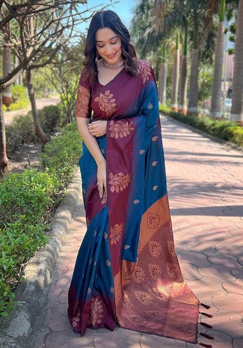 Petrol Blue Jacquard Work Soft Lichi Silk Saree Set