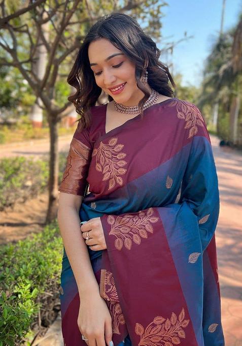 Petrol Blue Jacquard Work Soft Lichi Silk Saree Set