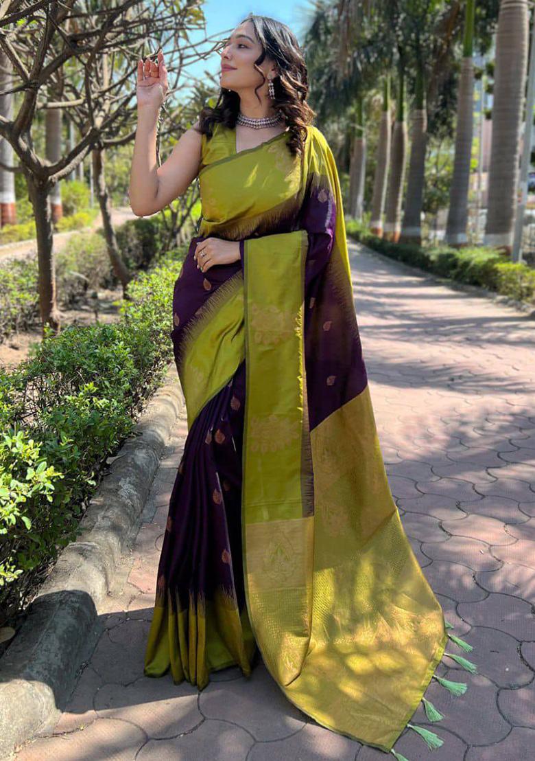 Wine Jacquard Work Soft Lichi Silk Saree Set