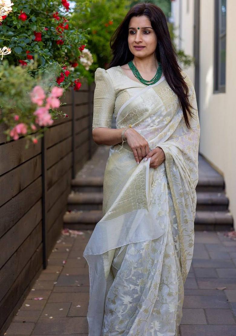 White Jacquard Work Soft Lichi Silk Saree Set