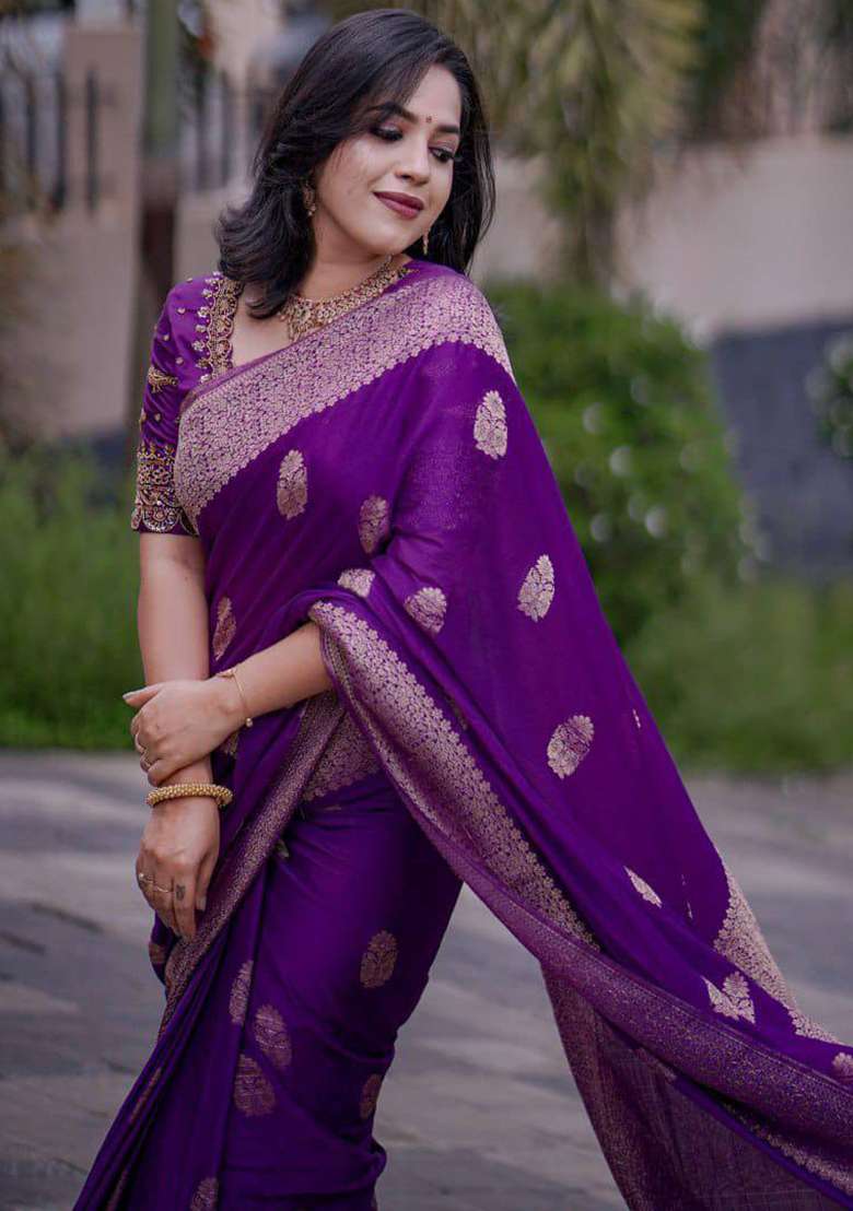 Purple Work Soft Lichi Silk Jacquard Saree Set for Diwali | Wedding & Festive Wear - Indya