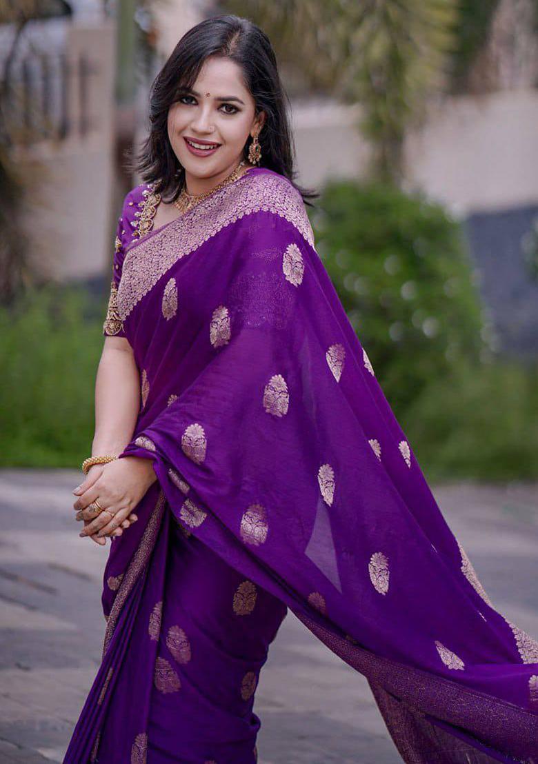 Purple Jacquard Work Soft Lichi Silk Saree Set