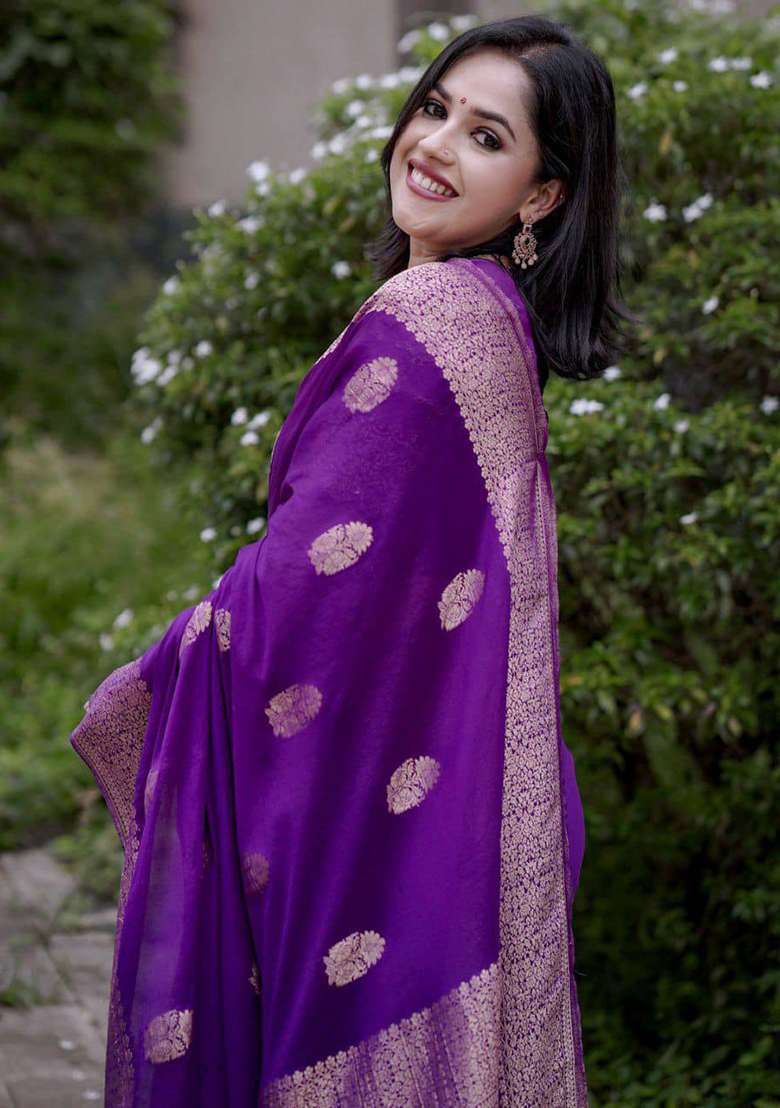 Purple Work Soft Lichi Silk Jacquard Saree Set for Diwali | Wedding & Festive Wear - Indya