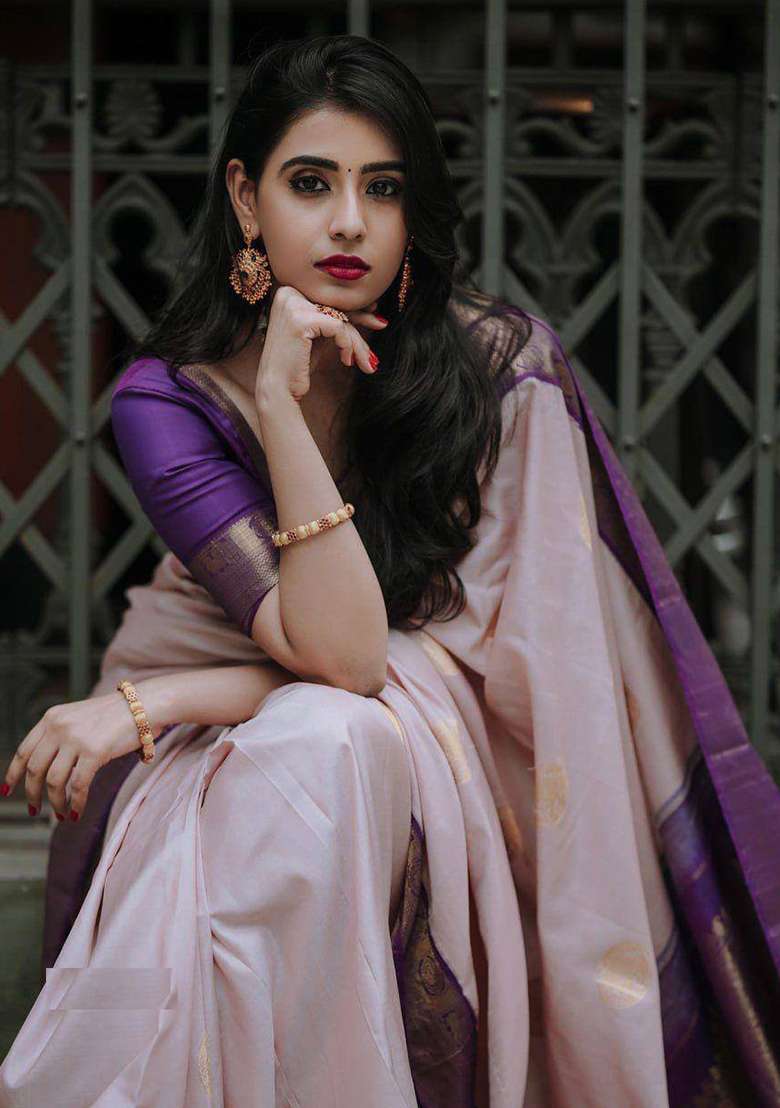 Light Pink Work Soft Lichi Silk Jacquard Saree Set for Diwali | Wedding & Festive Wear - Indya