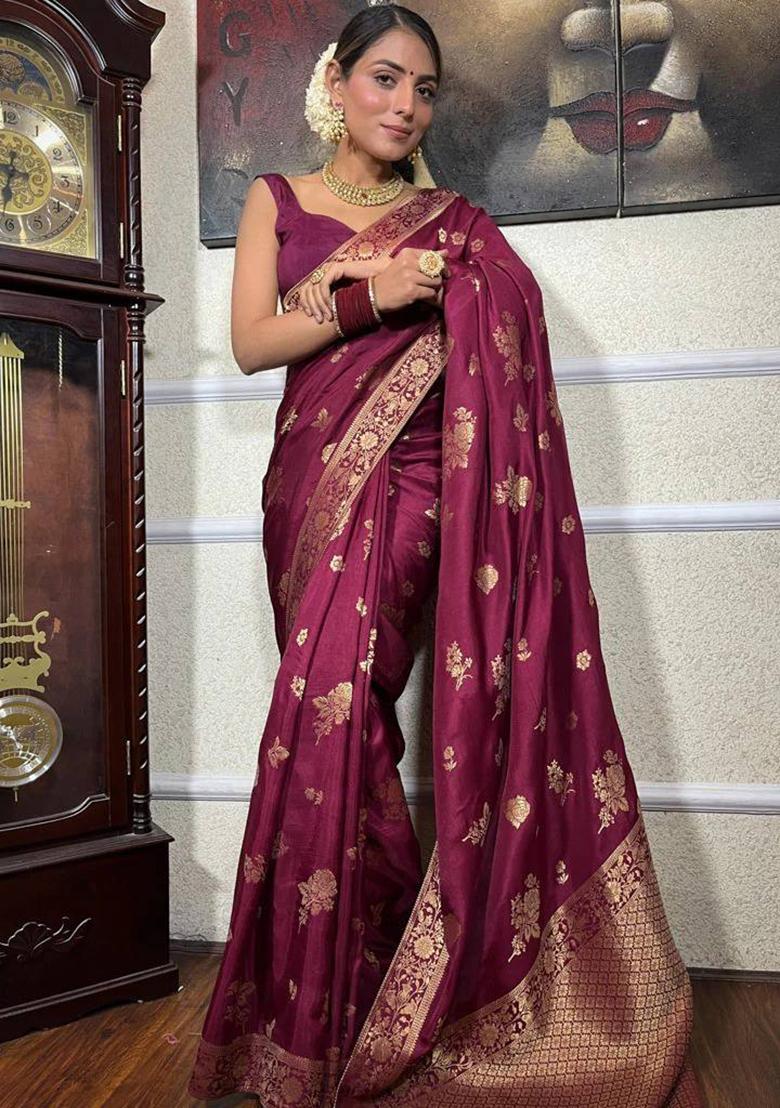 Wine Jacquard Work Soft Lichi Silk Saree Set