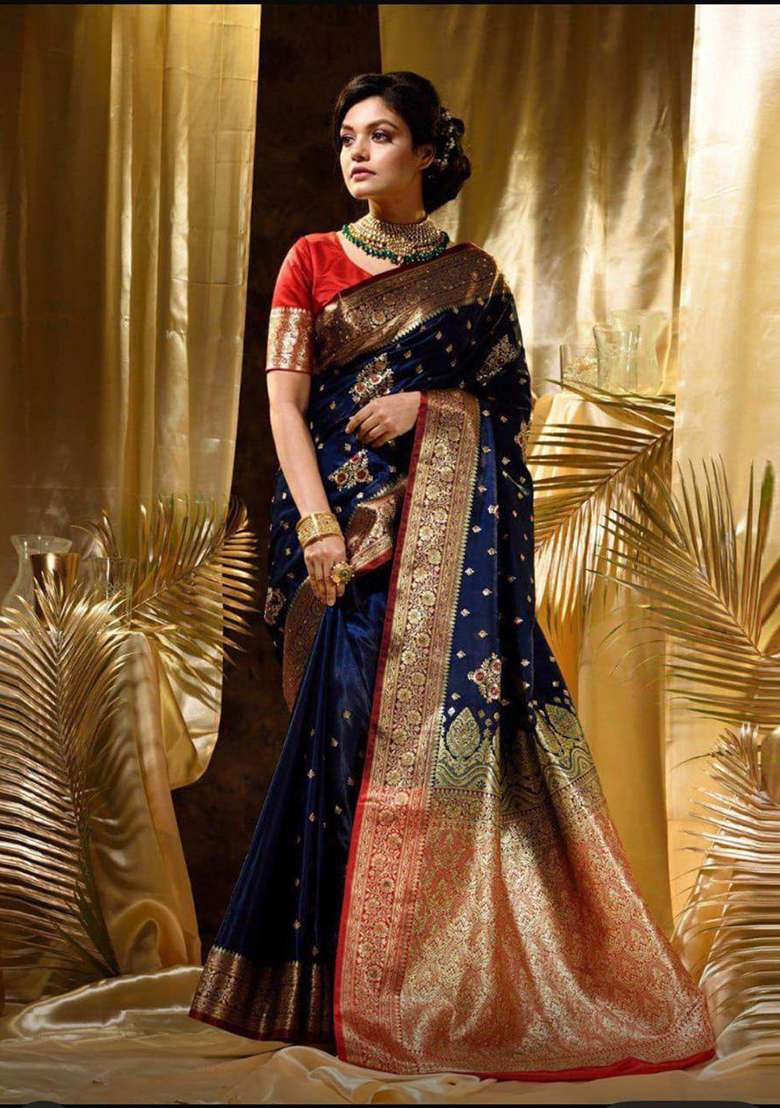 Blue Work Soft Lichi Silk Jacquard Saree Set for Diwali | Wedding & Festive Wear - Indya
