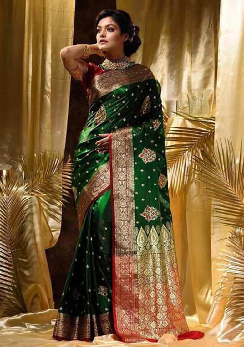 Green Jacquard Work Soft Lichi Silk Saree Set