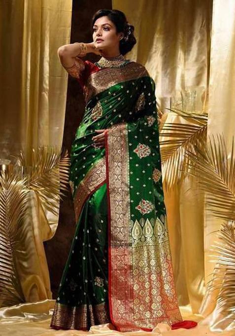 Green Jacquard Work Soft Lichi Silk Saree Set
