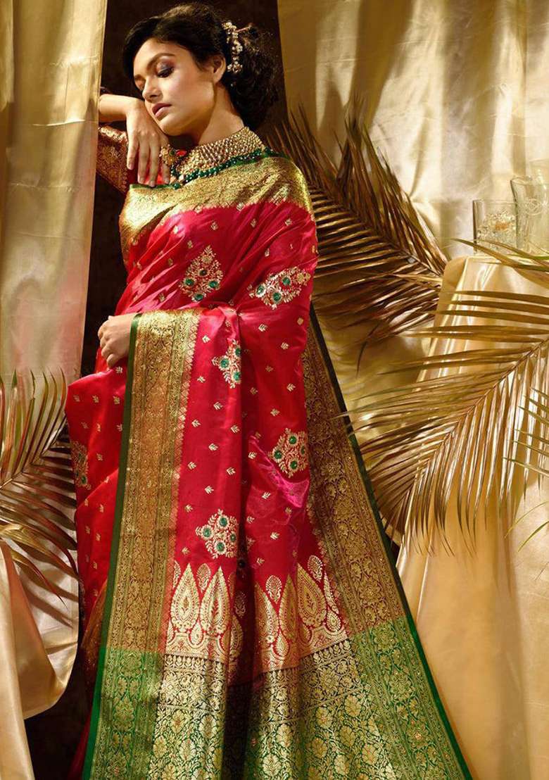 Pink Jacquard Work Soft Lichi Silk Saree Set for Diwali and Festive Wear - Indya