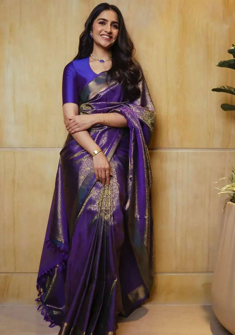 Purple Work Soft Lichi Silk Jacquard Saree Set for Diwali | Wedding & Festive Wear - Indya
