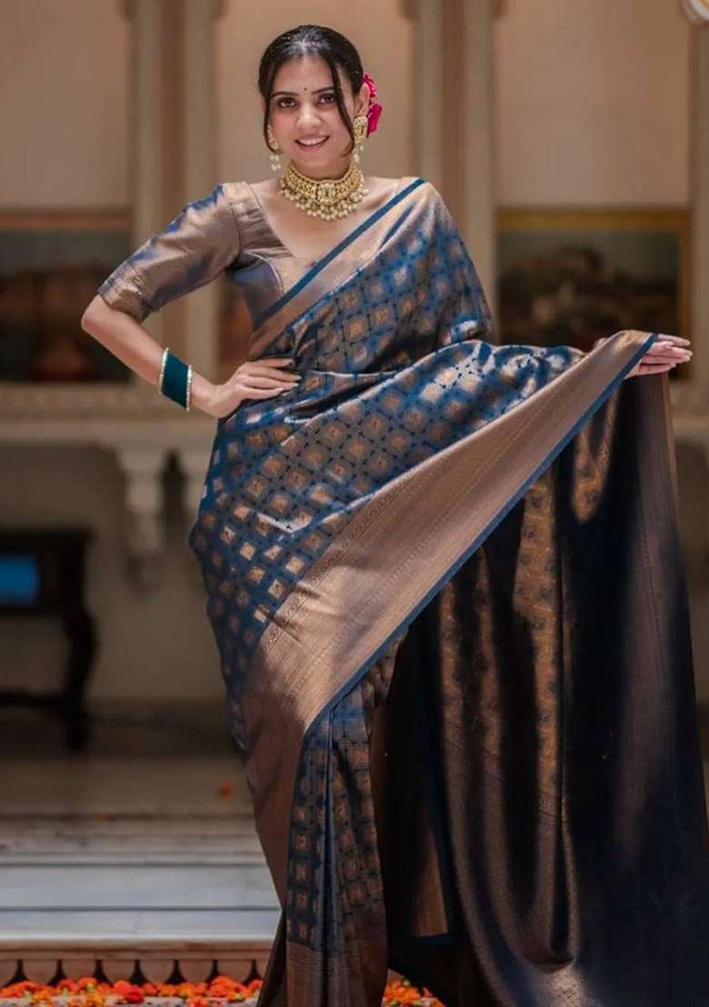 Petrol Blue Work Soft Lichi Silk Jacquard Saree Set for Diwali | Wedding & Festive Wear - Indya